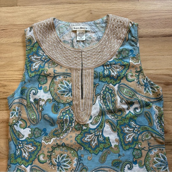 Susan Bristol Boho Paisley Linen Blend Tank Top Size M - Blue and Green - Picture 3 of 6
